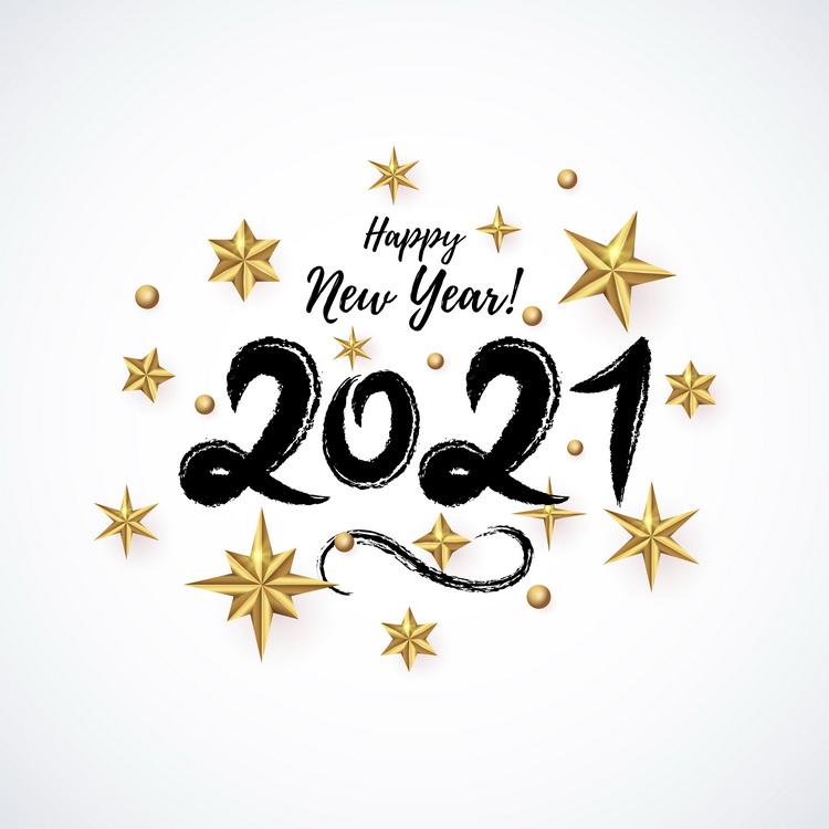 2021 hand written lettering decorated with realistic Gold 3D Stars isolated on white background. Glossy Christmas star icon. Chinese Happy New Year of the Metal Ox. Xmas holiday concept design. Vector